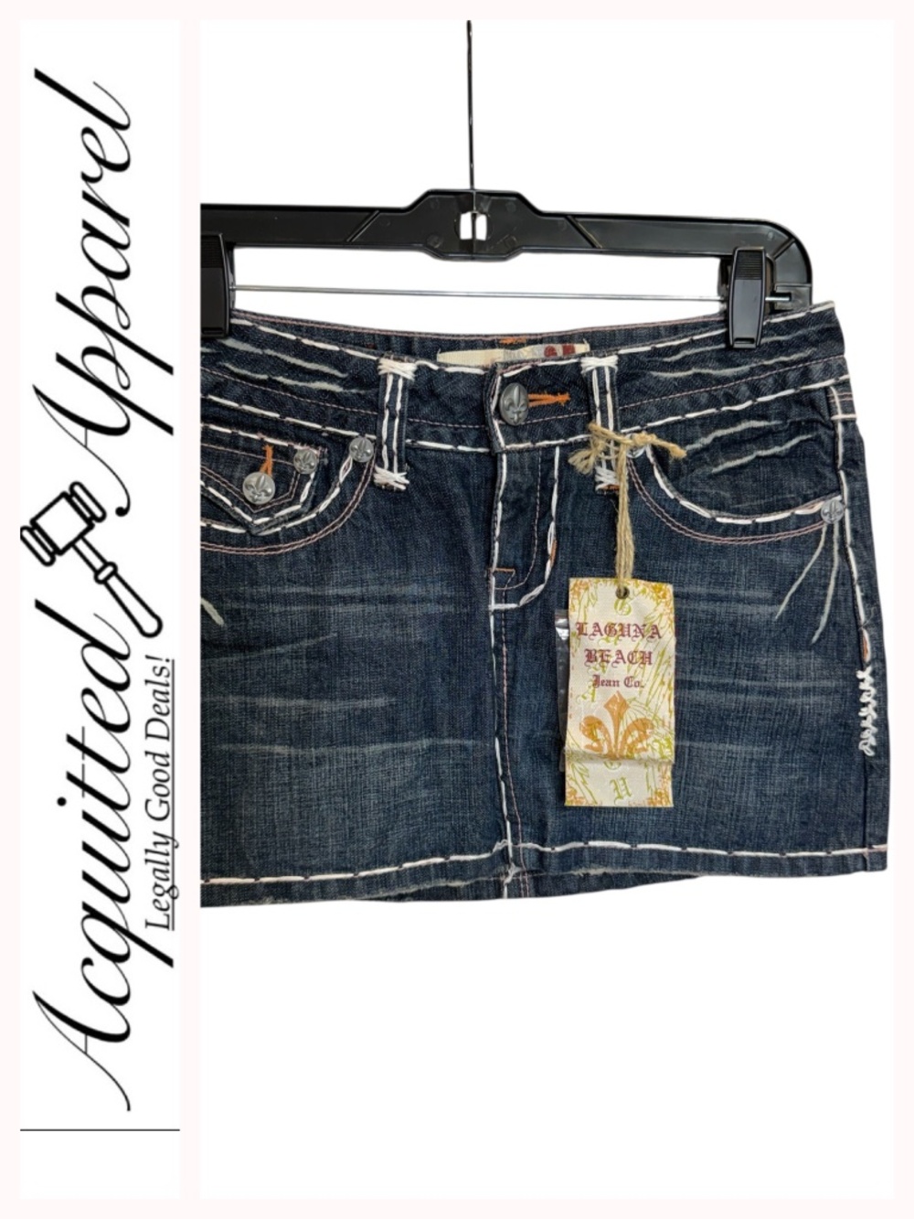 Laguna Beach Dark Whiskering Wash Denim Mini Skirt Contrast Stitching
